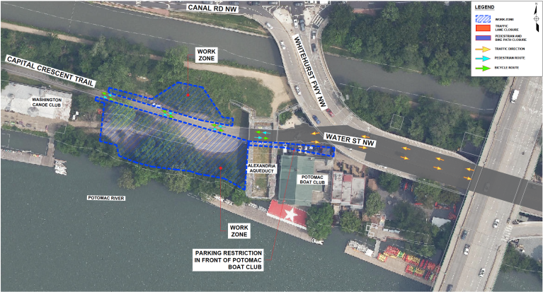 Water St NW south side construction Map of Watet St NW showing road closures