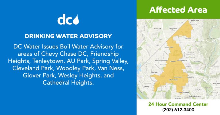 Boil Water Advisory Graphic graphic with list of affected areas and map