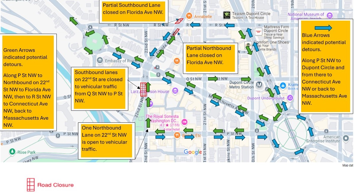 Map of detours around southbound lane closure at Q & 22nd streets Northwest