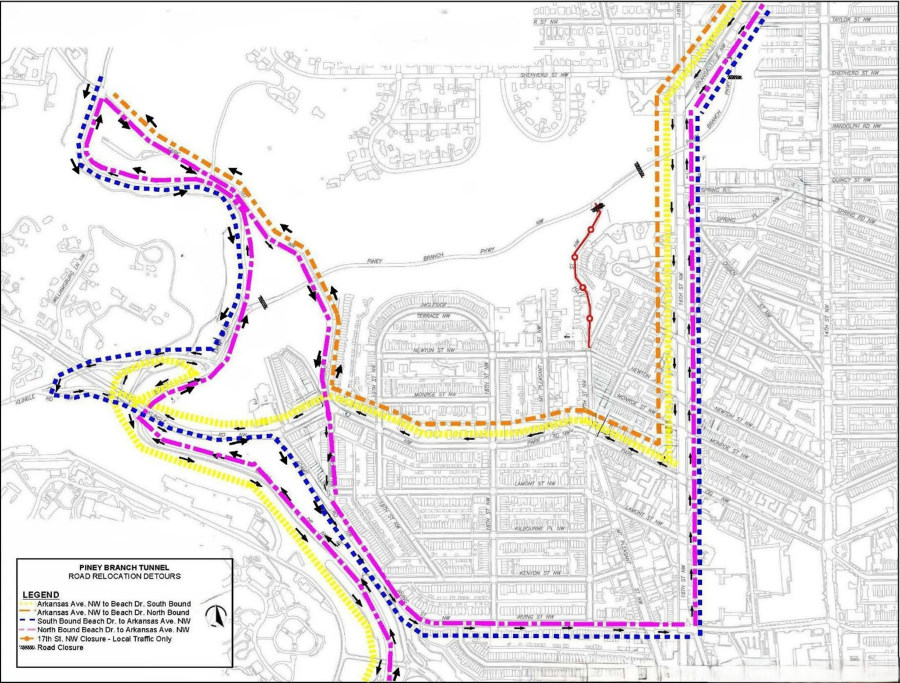 Detours for Arkansas Avenue, Beach Drive and 17th Street NW.