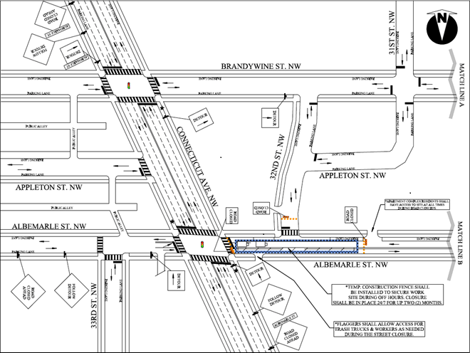 Map showing the area of the closure on Albemarle Street, NW, just east of Connecticut Avenue