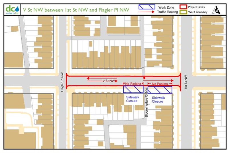 Map showing sidwalk and parking closure on V St NW between Flagler Pl and First St