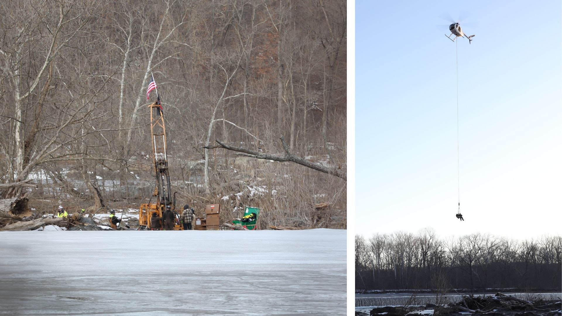 workers and drilling for rock samples and helicopter dropping off workers suspended in air