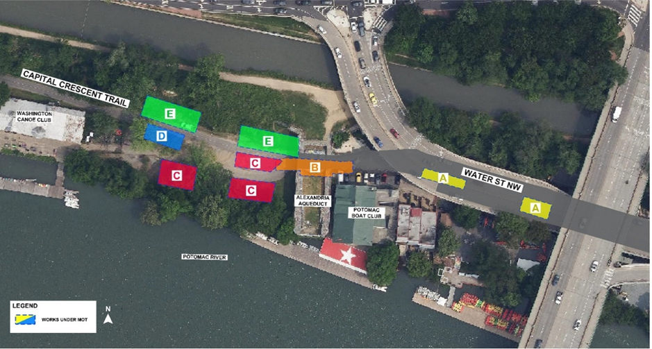 Map A: CSO 028 Potholing Locations, A – E, on Water Street, NW and along Capital Crescent Trail.