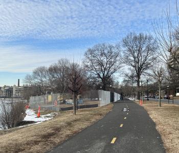 View of the construction staging area adjacent to the Rock Creek Trail.