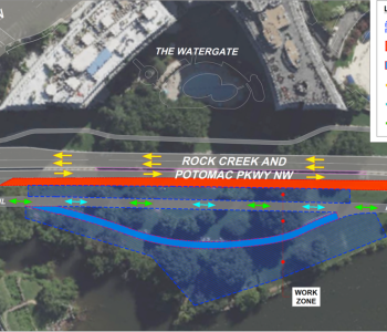 Map of Rock Creek and Potomac Parkway NW with one eastbound lane closed and section of Rock Creek Trail