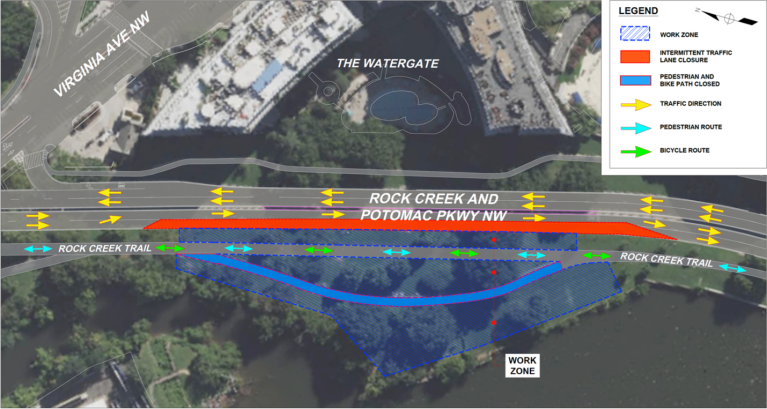 Map of Rock Creek and Potomac Parkway NW with one eastbound lane closed and section of Rock Creek Trail