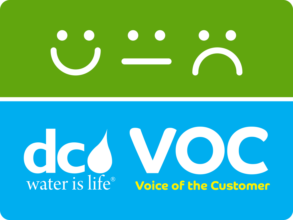 Graphic with three emoji faces: smile, neutral and frown. DC Water logo and Voice of the Customer graphic are also included.