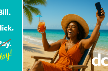 Bill Click Pay Image of woman enjoying the beach with her phone in hand and the words Bill. Click. Pay. With Pay struck out and Play added.