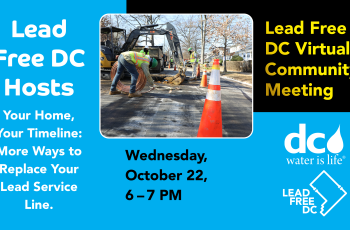 DC Water Lead Free DC October Virtual Meeting Graphic showing LFDC work on a block, date and time of the virtual meeting